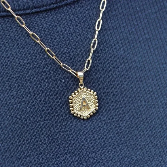 ▶ 2 LAYER GOLD LETTER INITIAL COIN HEXAGONAL PENDANTDAINTY NECKLACE, ELDM22335